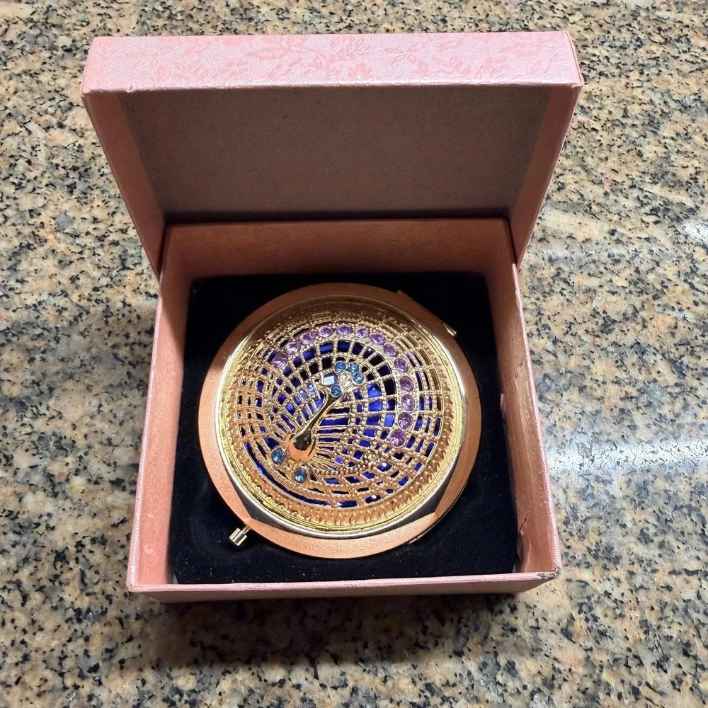 Peacock Rhinestone 3D Jeweled Gold‎ Compact Mirror Dual Sided Round Purse Travel
